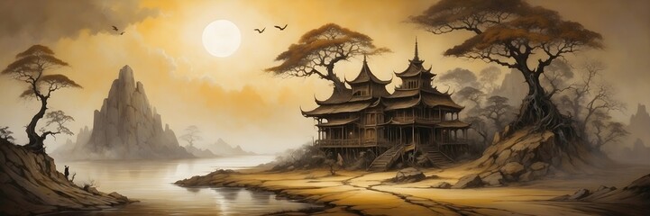 Panorama - Gemälde in sepia - Baumhäuser am Fluss in Asien