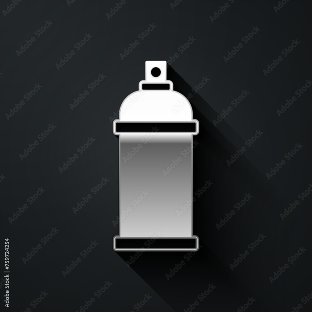 Sticker silver paint spray can icon isolated on black background. long shadow style. vector