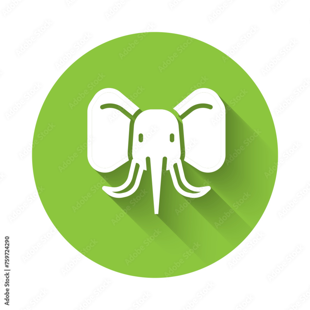 Poster white elephant icon isolated with long shadow background. green circle button. vector