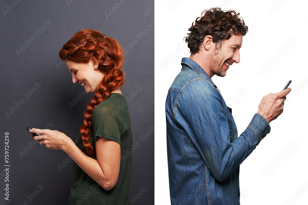 Aufkleber smartphone, man and woman in studio with mobile app for chat, match and connection with networking. 