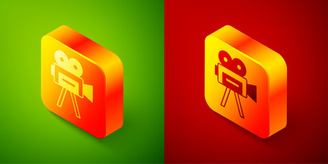 Isometric Retro cinema camera icon isolated on green and red background. Video camera. Movie sign. Film projector. Square button. Vector