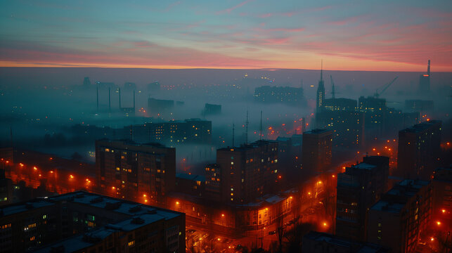 Urban Twilight: Foggy Cityscape at Dusk