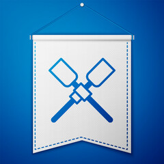 Blue Oars or paddles boat icon isolated on blue background. White pennant template. Vector