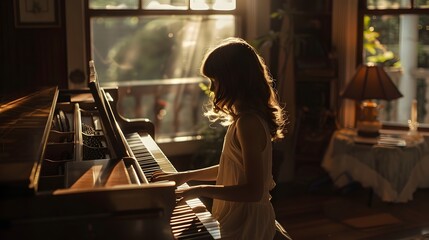 Girl Enjoying Playing Piano with Sunlight - Powered by Adobe