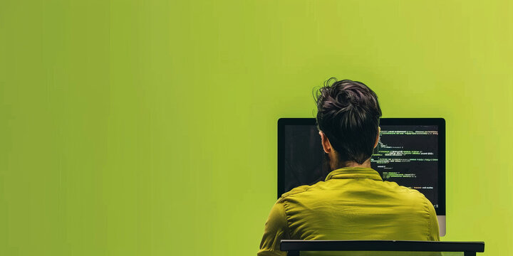 Back view of a professional software developer working intently at a computer in a green-tinted office environment