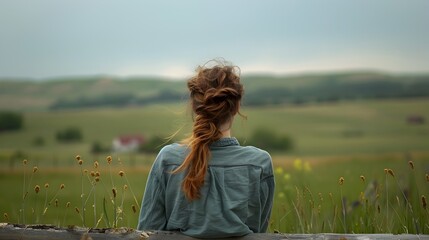 Girl Looking Over Field with Braided Hair, To convey a sense of calm and tranquility in a rural setting - obrazy, fototapety, plakaty