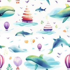 Childrens vector seamless pattern with cute watercolor whales, lighthouses, and rainbows