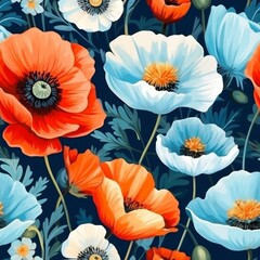 Vibrant watercolor painting of colorful poppy flowers in a beautiful composition