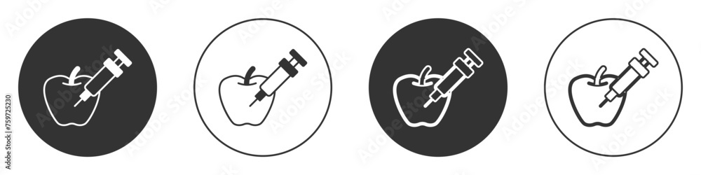 Poster black genetically modified apple icon isolated on white background. gmo fruit. syringe being injecte