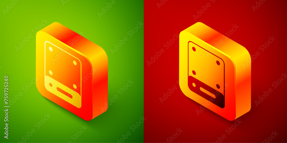 Poster isometric server, data, web hosting icon isolated on green and red background. square button. vector