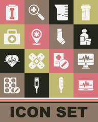 Set Laptop with cardiogram, Monitor, Bottle of medicine syrup, Measuring cup, Map pointer cross hospital, First aid kit, X-ray shots and Inhaler icon. Vector