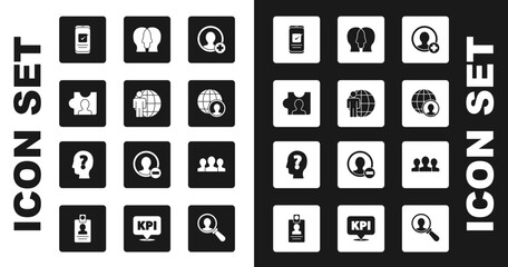Set Create account screen, Head hunting, Smartphone, Globe and people, Project team base, Users group and with question mark icon. Vector