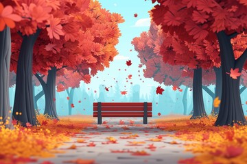 A tranquil autumn scene, a bench awaits amidst a shower of golden leaves, inviting quiet reflection in the crisp air.
 - obrazy, fototapety, plakaty