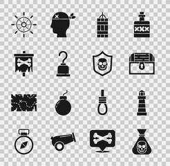 Set Pirate coin, Lighthouse, Antique treasure chest, Dynamite bomb, hook, flag, Ship steering wheel and Shield with pirate skull icon. Vector
