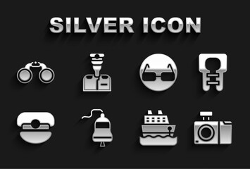 Set Ship bell, Life jacket, Photo camera, Cruise ship, Captain hat, Glasses, Binoculars and of icon. Vector
