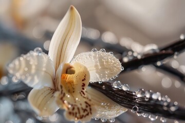 vanilla sticks with a delicate jelly vanilla orchid flower, Macro