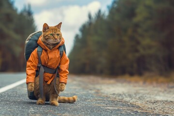 cat in a tourist suit with a backpack behind him on the road