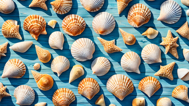 Colorful shells of various shapes on blue wooden floors on the beach
