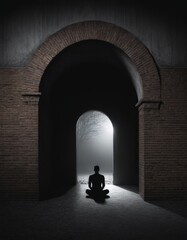 In the solitude of darkness, a figure is highlighted by a mysterious light in an arched corridor. This image symbolizes personal reflection and the contrast between light and dark.