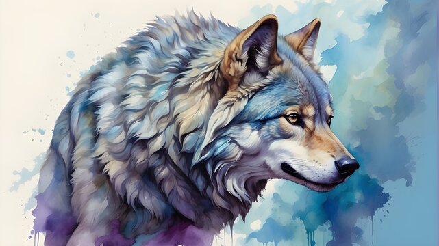 wolf in the winter, A majestic wolf, its fur a vibrant blend of organic forms in shades of blue, green, and purple, stands tall against a light blue background. Its energy seems to radiate from within