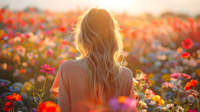 Woman in Floral Fields at Dawn and Dusk, To evoke emotion and a sense of connection with nature through a portrait of a woman in a field of flowers