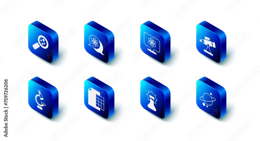 Poster Set Atom, Telescope, Planet Saturn, Explosion in the flask, Calculator, Microscope and Microorganisms under magnifier icon. Vector