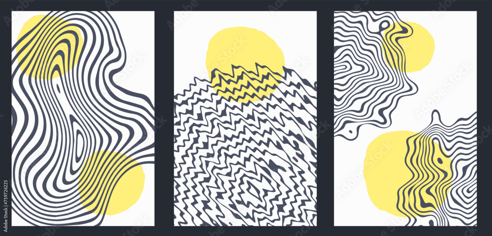 Poster abstract illusion optical postcards with wavy stripes and fluid. background with sun and curve line.