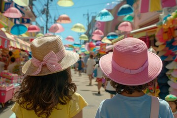 view from the back of two girls in hats.  space for text or advertising