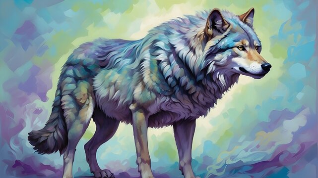 A majestic wolf, its fur a vibrant blend of organic forms in shades of blue, green, and purple, stands tall against a light blue background. Its energy seems to radiate from within, giving it a sense 