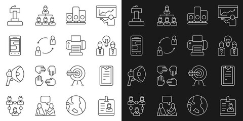 Set line Identification badge, Clipboard with checklist, People lamp bulb, Ranking star, Human resources, Chat messages phone, Stage stand or tribune and Printer icon. Vector