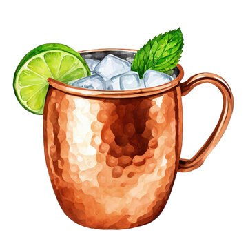 Moscow Mule in a copper mug, watercolor illustration, vector clipart, cut out on white background, drink, travel drink