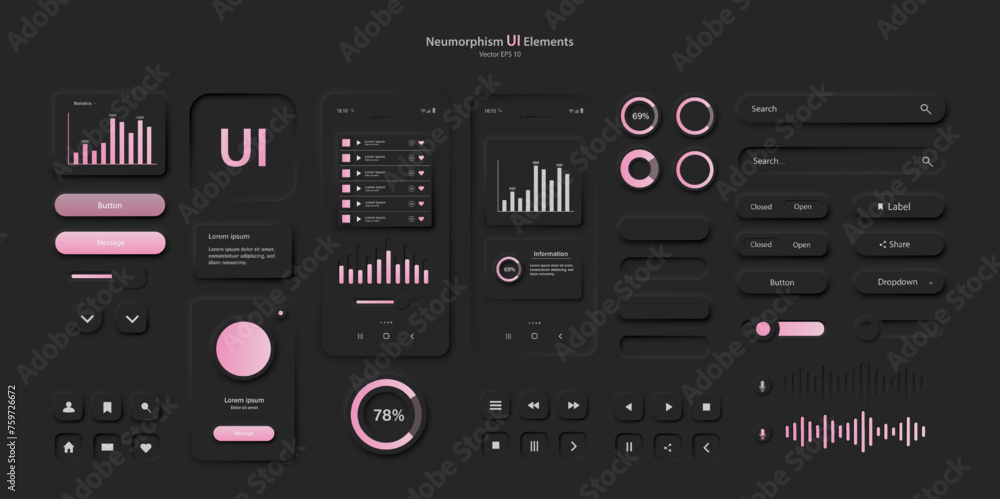 Poster user interface elements for a mobile application in black and pink style. a set of neomorphism-style