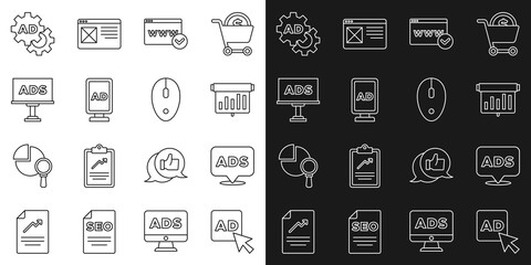 Set line Advertising, Board with graph chart, Website template, and Computer mouse icon. Vector