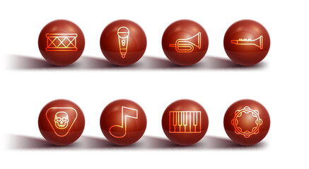 Set line Drum, Guitar pick, Clarinet, Grand piano, Music note, tone, Microphone, Tambourine and Trumpet icon. Vector