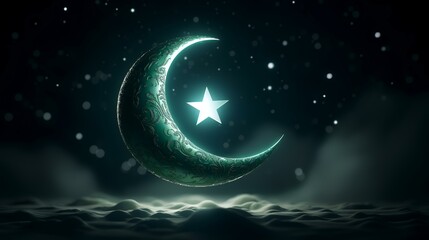 Obraz na płótnie Canvas Crescent moon with star on dark background. Ramadan Kareem concept. 3D Rendering