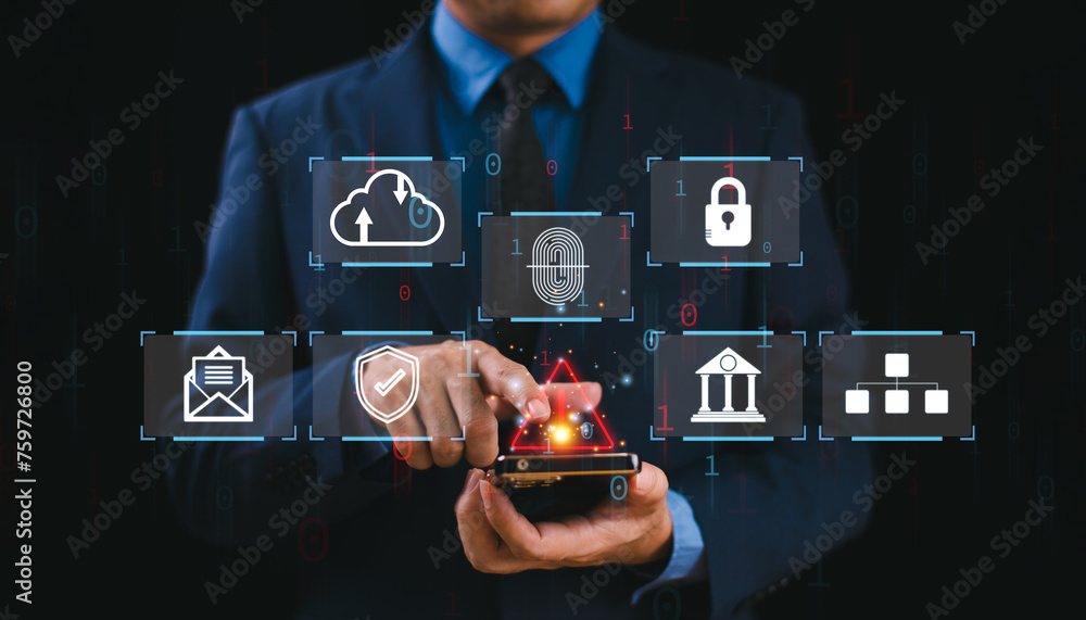 Poster cyber security privacy concept. man protect data information. lock icon and internet network secure 