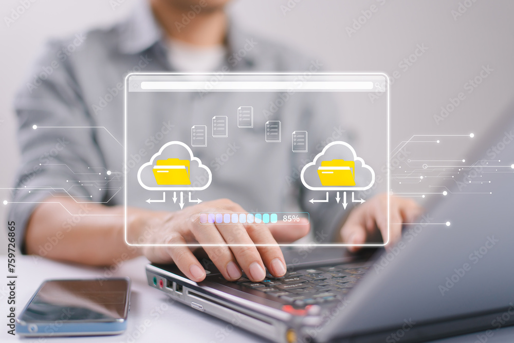Poster download data exchange, loading bar icon on screen. transfer business folder data system relocation,