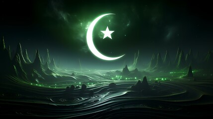 Illustration of a green crescent moon over the sea at night