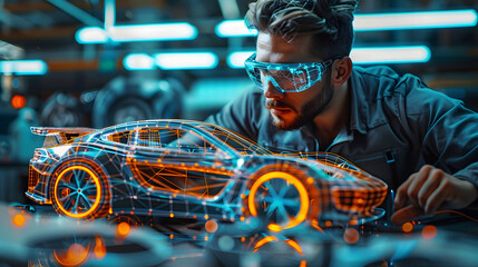 An Automotive Engineer Uses Augmented Reality to Construct a 3D Model of a High-Tech Electric Vehicle Optimizing Battery Efficiency. Robot Arms Designed and Produced by Automated Systems. - obrazy, fototapety, plakaty