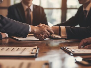 Two professionals shaking hands over a table in a display of partnership and agreement.