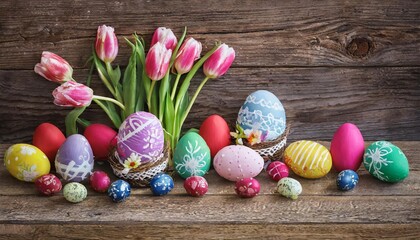 Easter eggs composition naturemort vibrant colorful spring flowers generated image