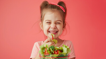 Portrait of a happy playful girl eating fresh salad from a bowl and winking isolated on Coral color background professional photography - obrazy, fototapety, plakaty