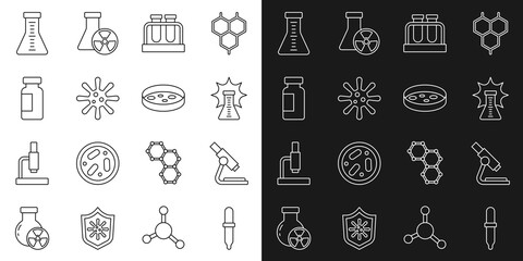 Set line Pipette, Microscope, Chemical explosion, Test tube and flask, Bacteria, and Petri dish with bacteria icon. Vector