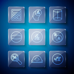Set line Magnifying glass with percent, Protractor, Square root of x glyph, Geometric figure, Function mathematical symbol, Sphere, Calculator and Subsets, math, is subset icon. Vector
