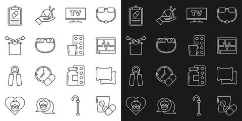 Set line Medicine pill or tablet, Pillow, Monitor with cardiogram, Smart Tv, Eyeglasses, Knitting, Medical prescription and Pills blister pack icon. Vector