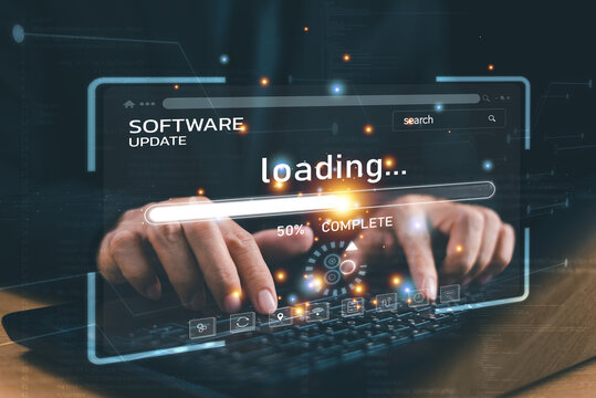 Speed performance of internet loading on computer laptop screen. High speed web connection. Fast internet connection technology concept. Programmer people work, internet download speed measurement