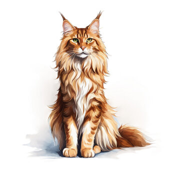 Maine coon cat sitting portrait watercolor illustration, cute cat vector clipart, cat breed, pet animal, domestic, isolated on white background