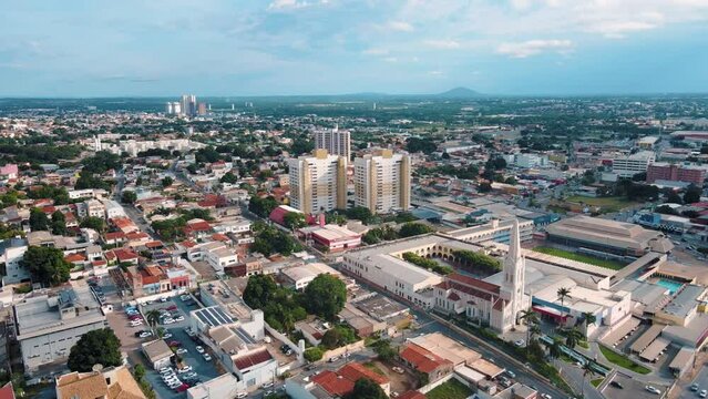 Aerial city scape of church in summer in central Cuiaba Mato Grosso