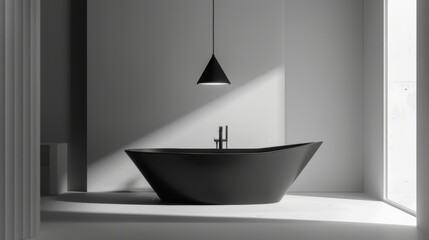 Elegantly Designed Monochromatic Bathroom with Geometric Freestanding Bathtub.