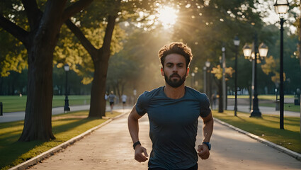 Obraz premium A man jogs on a park path at sunset. The warm light, lush trees, and unlit lamps create a peaceful ambiance